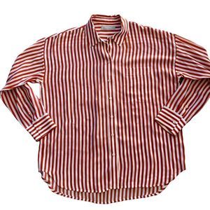 EVERLANE Sz 8 The Clean Silk Relaxed Shirt Button Up White Orange Stripe